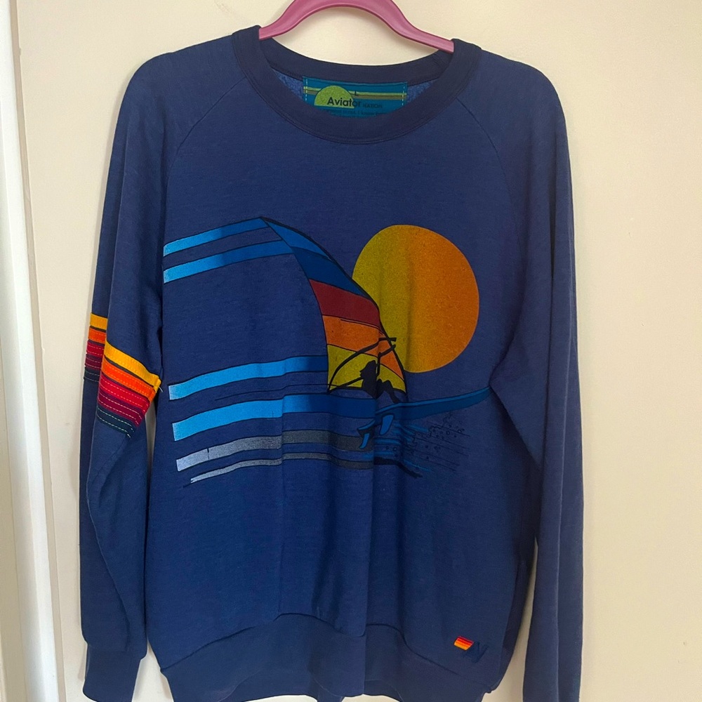 Aviator Nation blue windsurfer sweatshirt Large EUC pockets